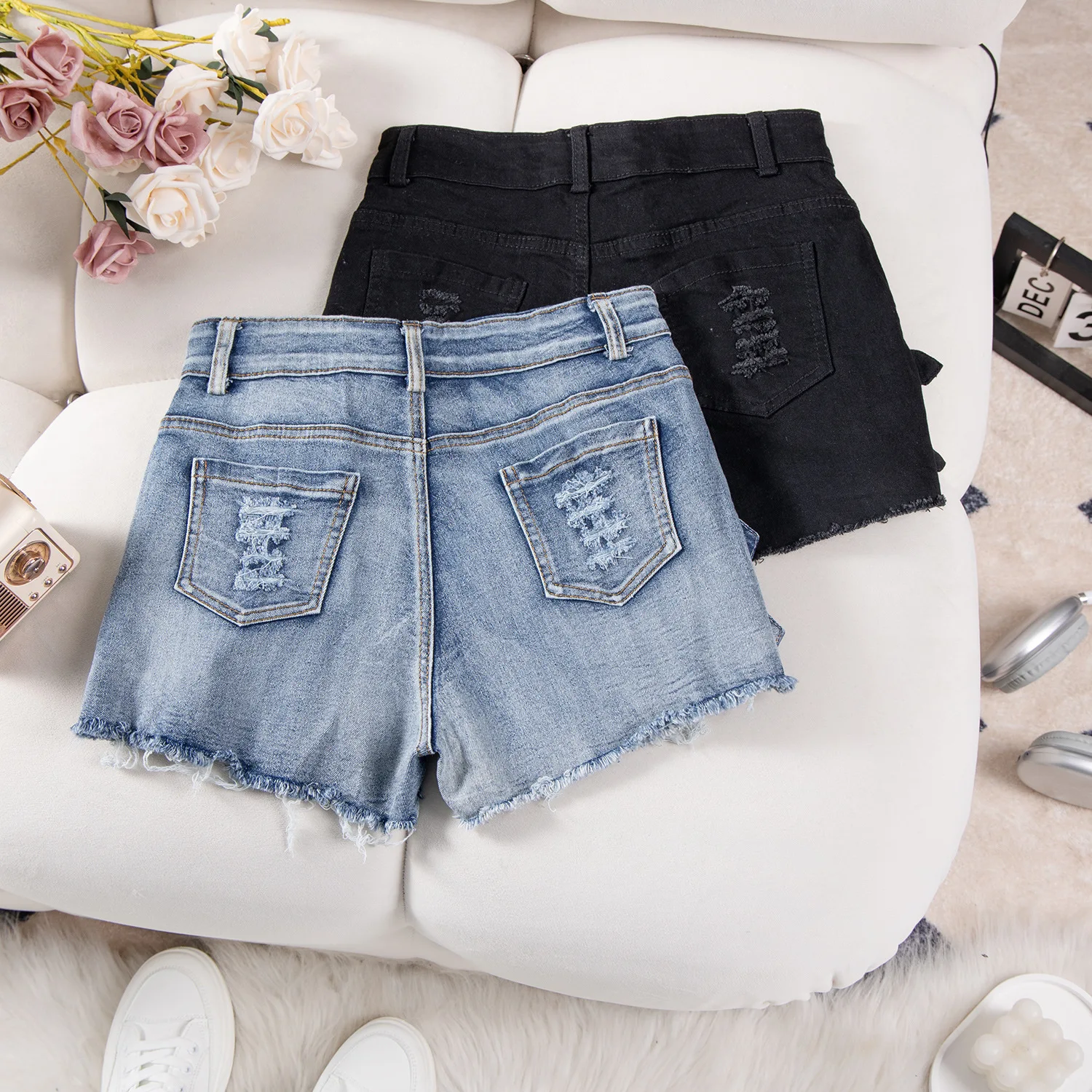 خريف جديد عالية الخصر مثير ممزق الدينيم المرن السراويل الجينز النساء