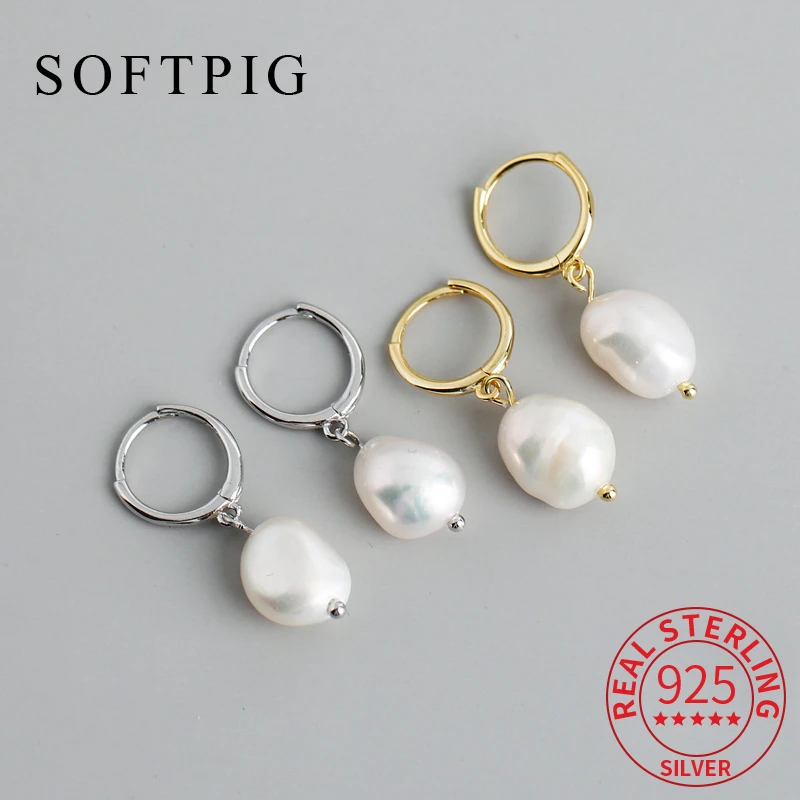 

SOFTPIG Real 925 Sterling Silver Irregular Baroque Freshwater Pearl 18K Hoop Earrings for Women Trendy Fine Jewelry Accessories