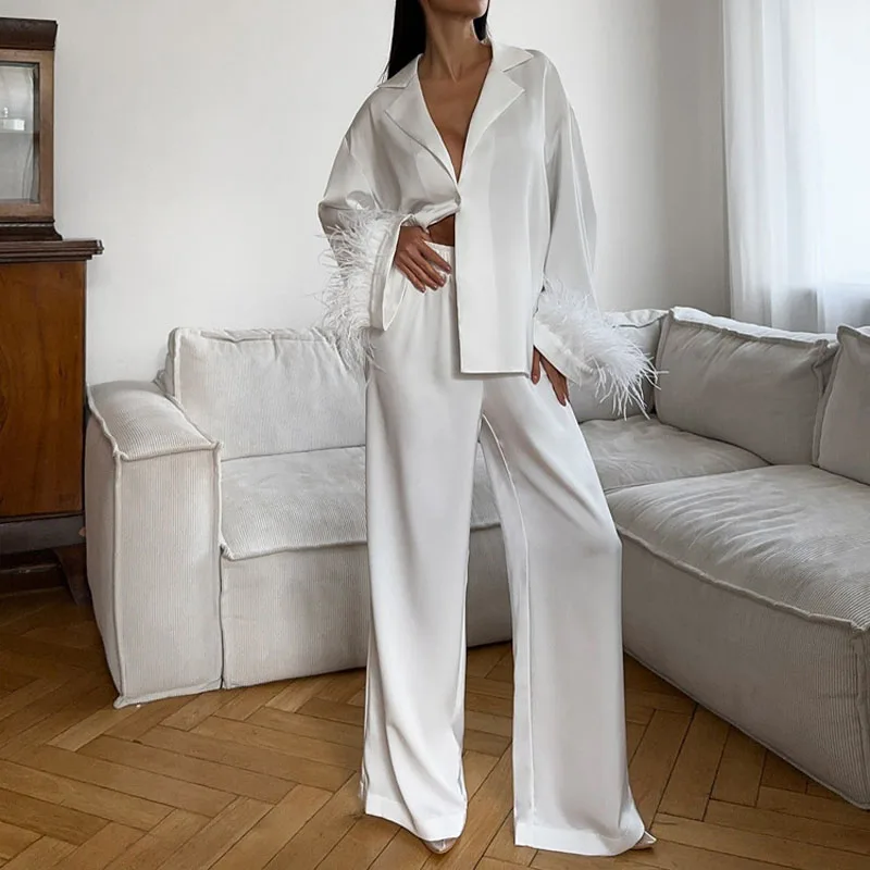 

Модный женский костюм, новый стиль, дизайн с перьями, длинными рукавами и лацканами, повседневные брюки, клубная одежда из двух предметов, Vestidos