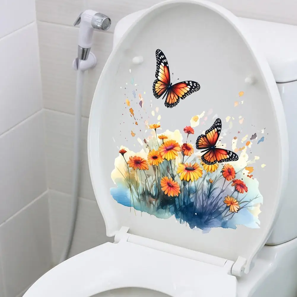 Colorful Butterflies Flower Toilet Sticker Removable Waterproof PVC Living Room Wall Art Floral Bathroom Toilet Lid Decor Decal