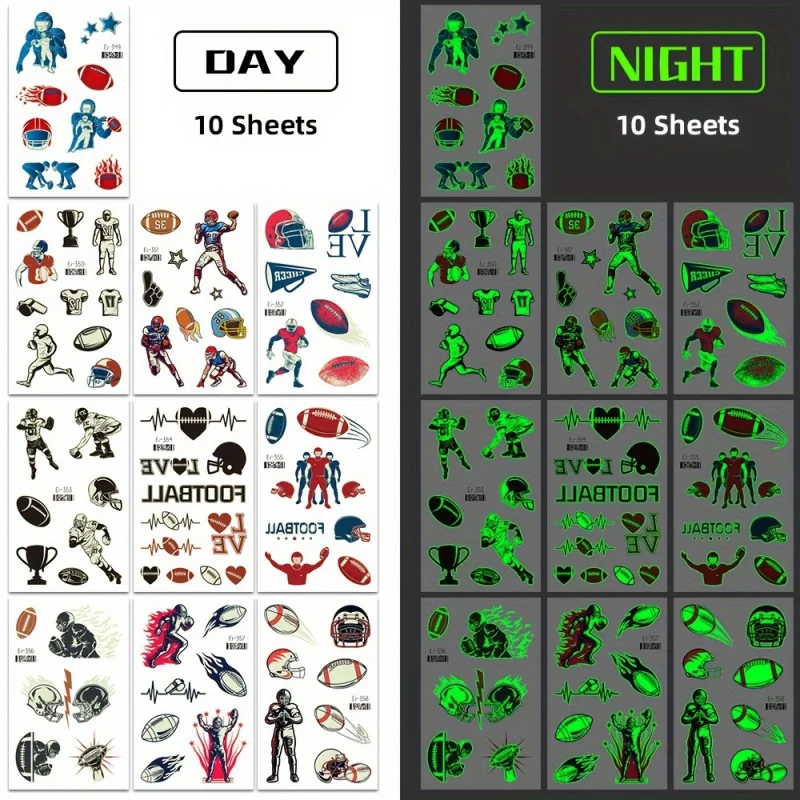 

10 Sheets, Glow-in-the-Dark Football Temporary Tattoos Waterproof with Rugby, Trophy & Helmet Designs Lasts 2-5 Days