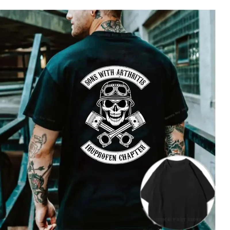 Sons with Arthritis Ibuprofen Chapter Funny Biker Skull T Shirt Black Vintage Mens Graphic Shirts Gothic Ropa Hombre Streetwear