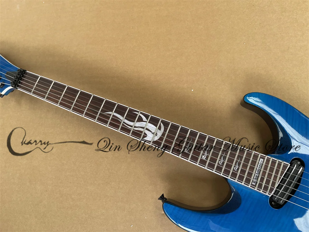 Blue Electric Guitar Flamed Maple Top Maple Neck Though Body Rosewood Fingerboard flame inlaid Tremolo bridge Black tuners