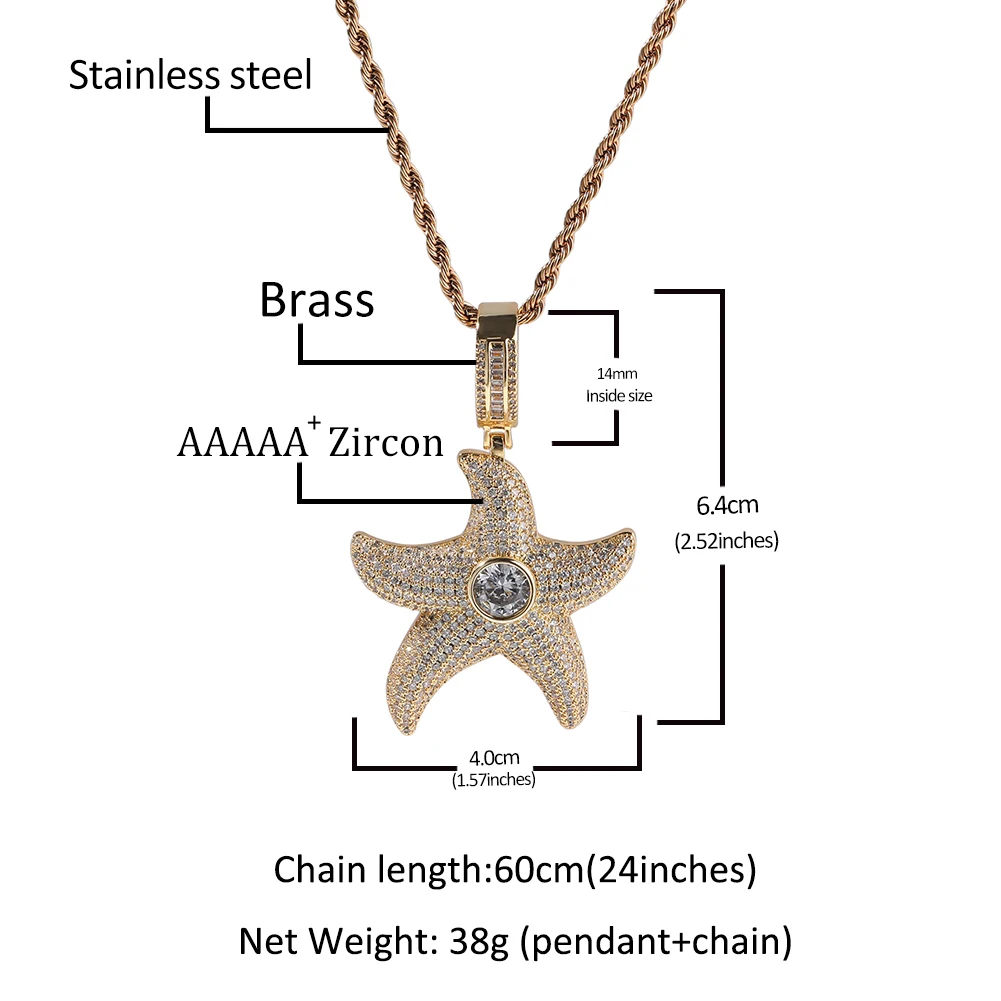 Uwin Iced Out Starfish Charms Big Round CZ Necklaces For Women Man Hip Hop Jewelry