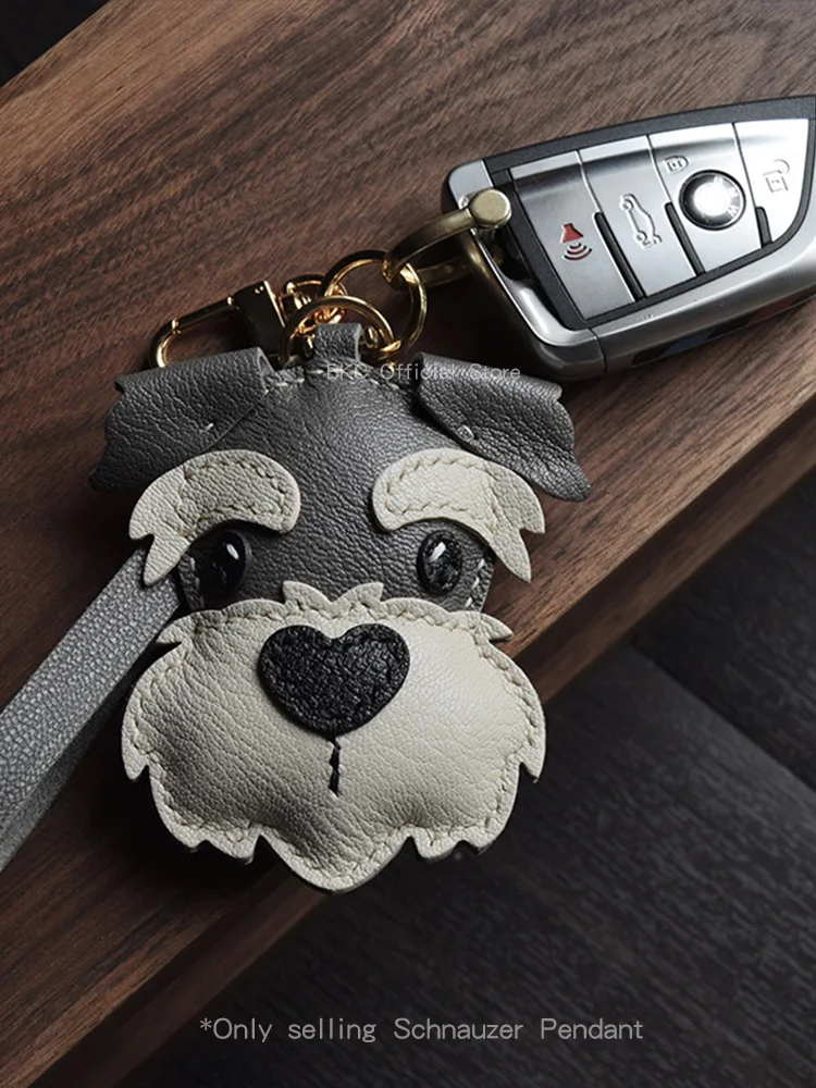 handmade-goat-leather-schnauzer-keychain-waxed-thread-saddle-stitch-dog-charm，original-gift