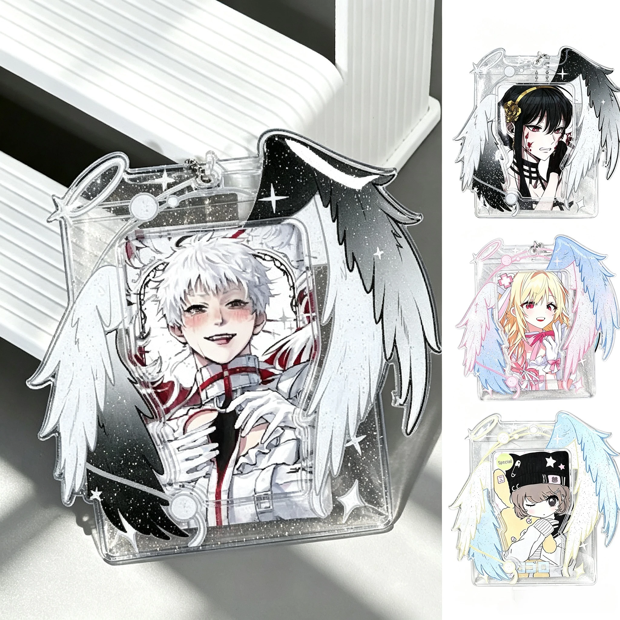 Glitzernder Doppelflügel-Engel PVC 3 Zoll Kartenhalter Anime-Merchandise Fotokarten-Aufbewahrung Polaroid Idol Foto-Display Anhänger