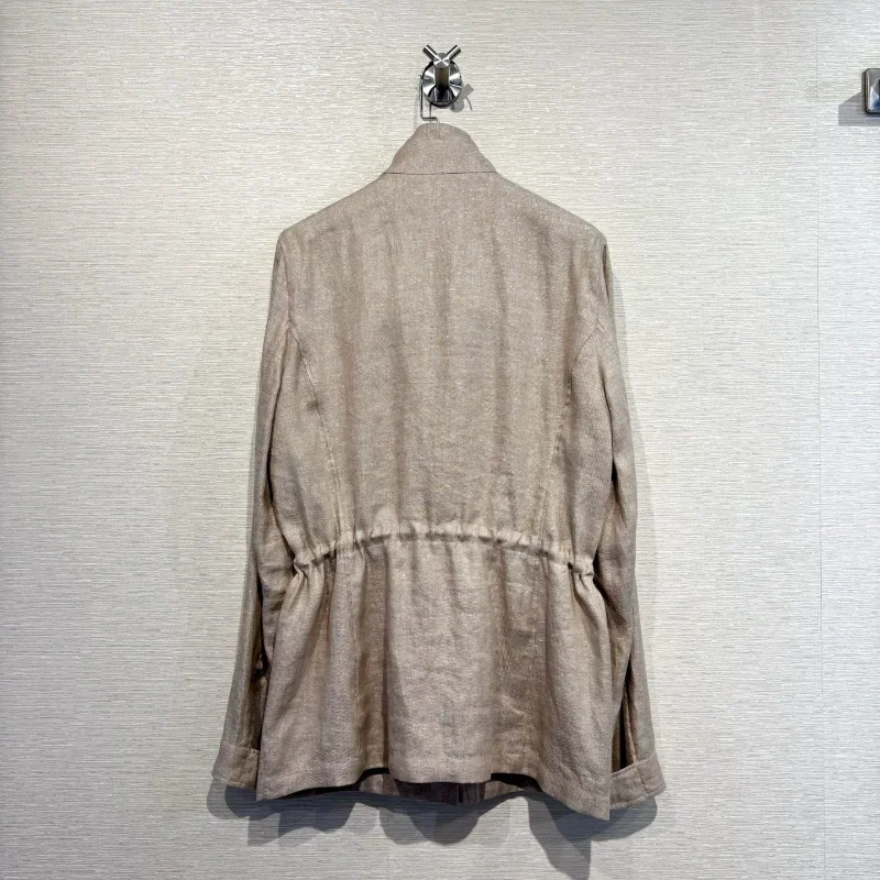 Women 2026 Spring Autumn New Linen-Feel Jacket Stand Collar Utility Coat Twin Chest Pockets Inner Drawstring Waist  Office Wear