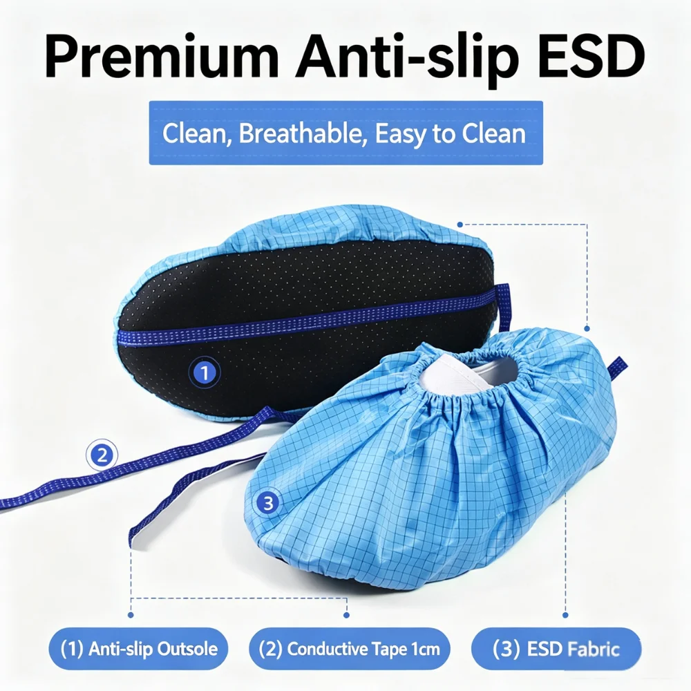 2 Pairs Unisex Anti-static Shoe Covers Dust-free with 5mm Mesh Conductive Thread and Soft Sole Cleanroom Protective Shoe Covers