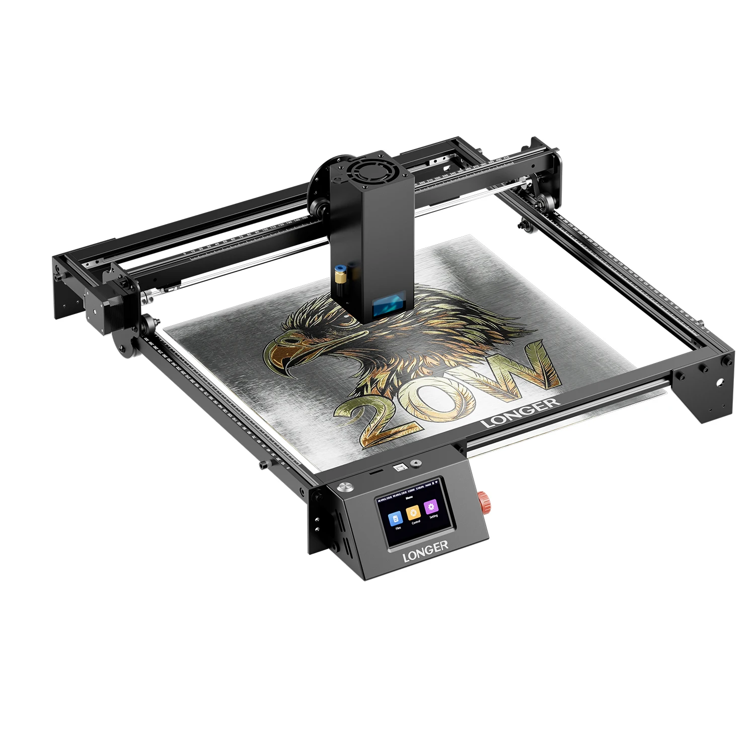 LONGER RAY5 20W lasergraveermachine met touchscreen, wifi, 32-bits chipset, laserpunt van 0,08 x 0,1 mm, werkgebied van 375 x 375 mm, geschikt voor het graveren en snijden van gepersonaliseerde