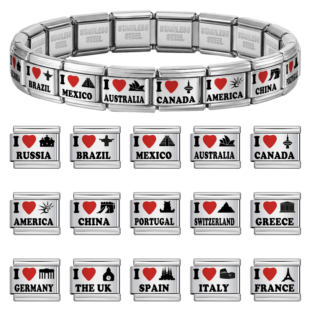 Modischer Laser-Gravierter Weltreise-Herz-Italien-Charm-Anhänger Passend für 9mm Edelstahl-Armbänder DIY-Perlen Schmuck für Damen und Herren – Detail 1