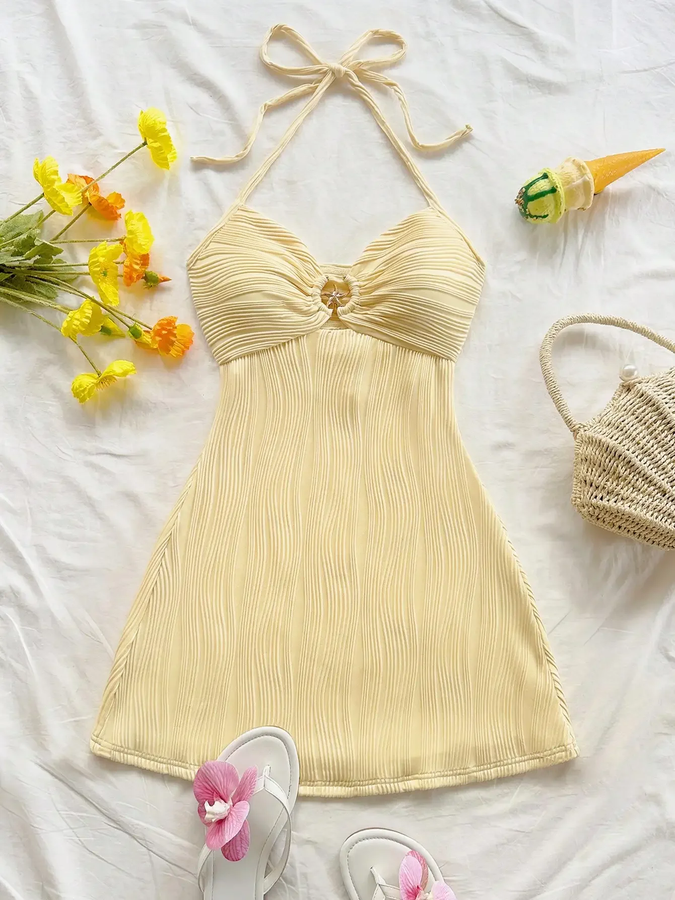 

Yellow Halter Mini Dress With Ruched V-Neck, Wavy Pleated Fabric, Starfish Embellishment And Backless Design