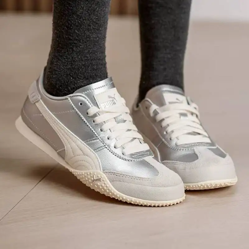 Metallic Silver Puma Retro Racing Shoes Men Women Off White Logo Light Serrated Sole Y2K Minimalist Daily Casual Trainers