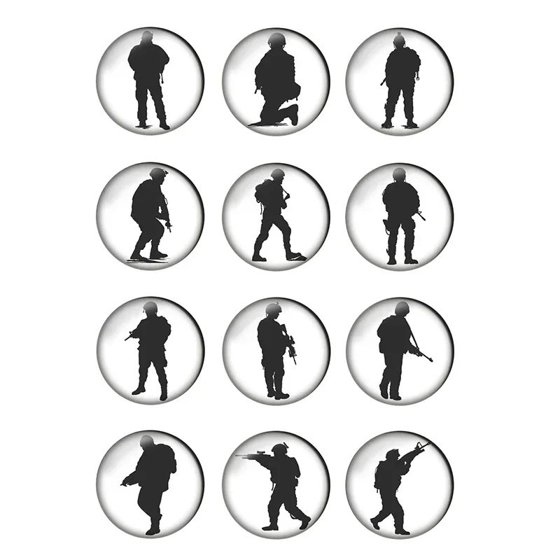 12pcs/lot Round Soldier Black Silhouette Pattern Glass Cabochon for DIY Jewelry Making Supplies Wholesale T209