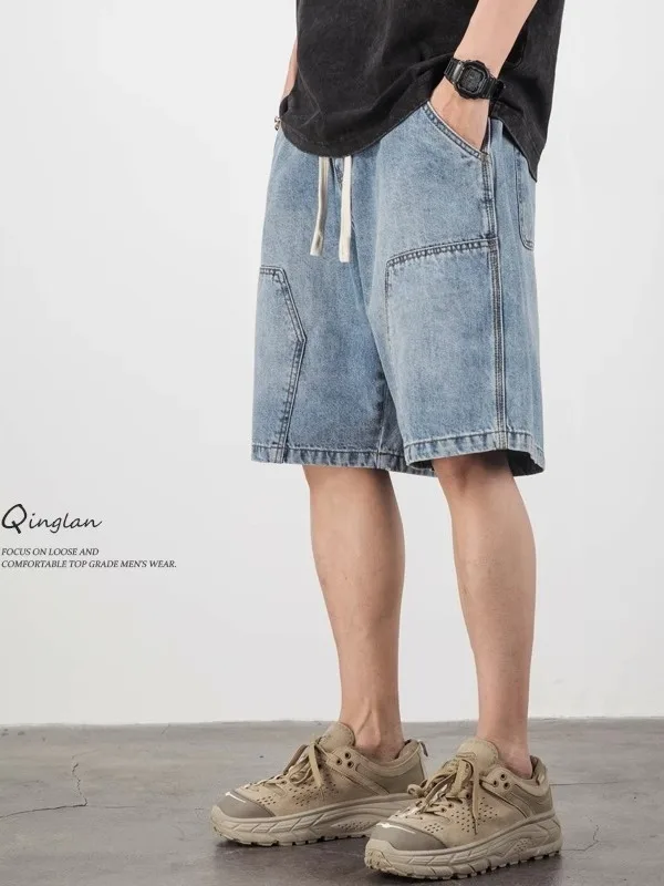 

Летние тонкие мужские повседневные прямые джинсы, свободный крой, модные брендовые брюки с пятью точками, American Sle Haome, для отдыха...