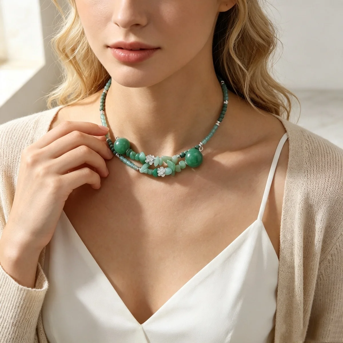 Vintage Ethnische Grüne Naturstein-Halskette mit Unregelmäßigen Perlen für Frauen und Männer, Chinesischer Stil, Silberfarbener Lotusblumen-Choker Schmuck – Detail 8