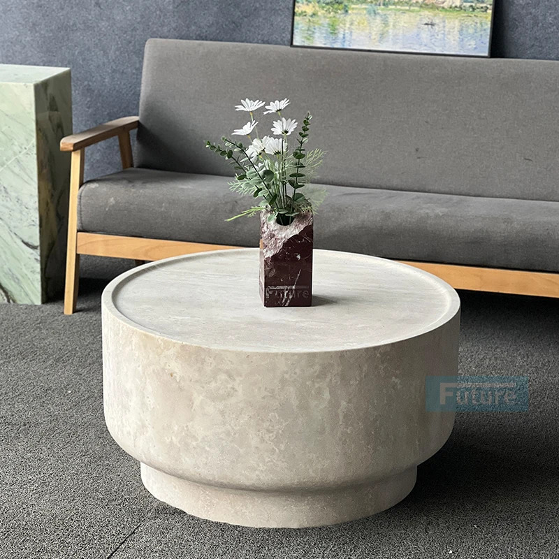 

Light Luxury Wabi-sabi Style Modern Round Beige Travertine Coffee Table Side Table Tea Table for Living Room Hotel Lobby Decor