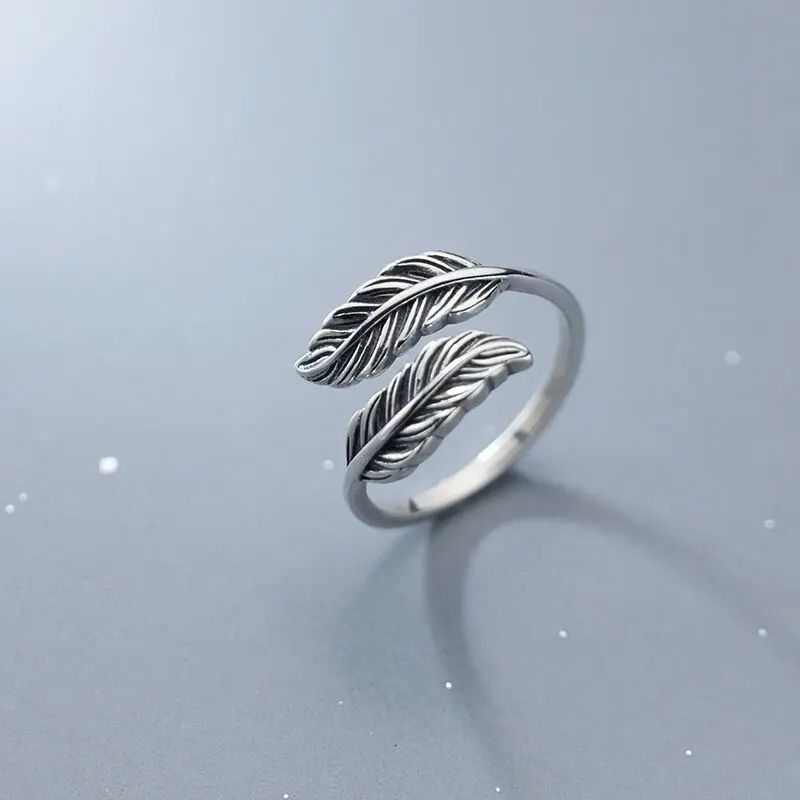 New French Retro Feather 925 Sterling Silver Simple Personality Opening Rings  R292