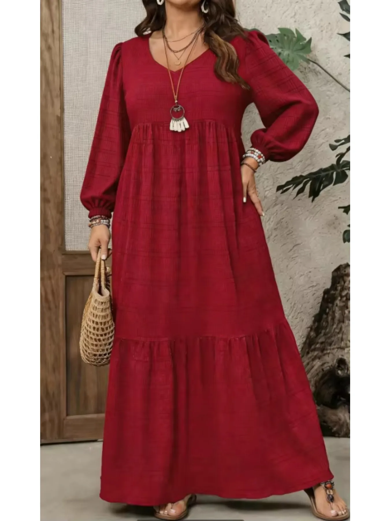 Vestido largo de corte amplio con textura, para mujer, con escote en V, mangas abullonadas, diseño en capas, estilo bohemio, color burdeos, corte en A, ideal para uso casual.