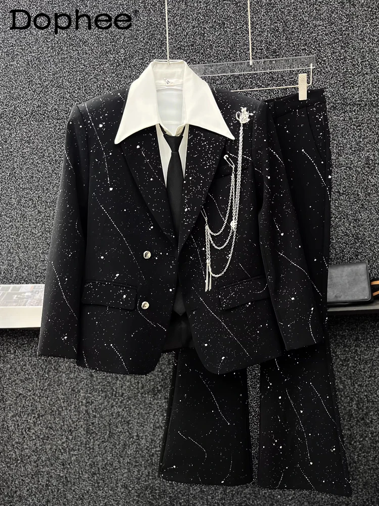 

2025 Men's Autumn New High-end Starry Sky Rhinestone Suit Sets Men's Loose Comfort Metal Chain Blazers Jacket Flared Pants Sets
