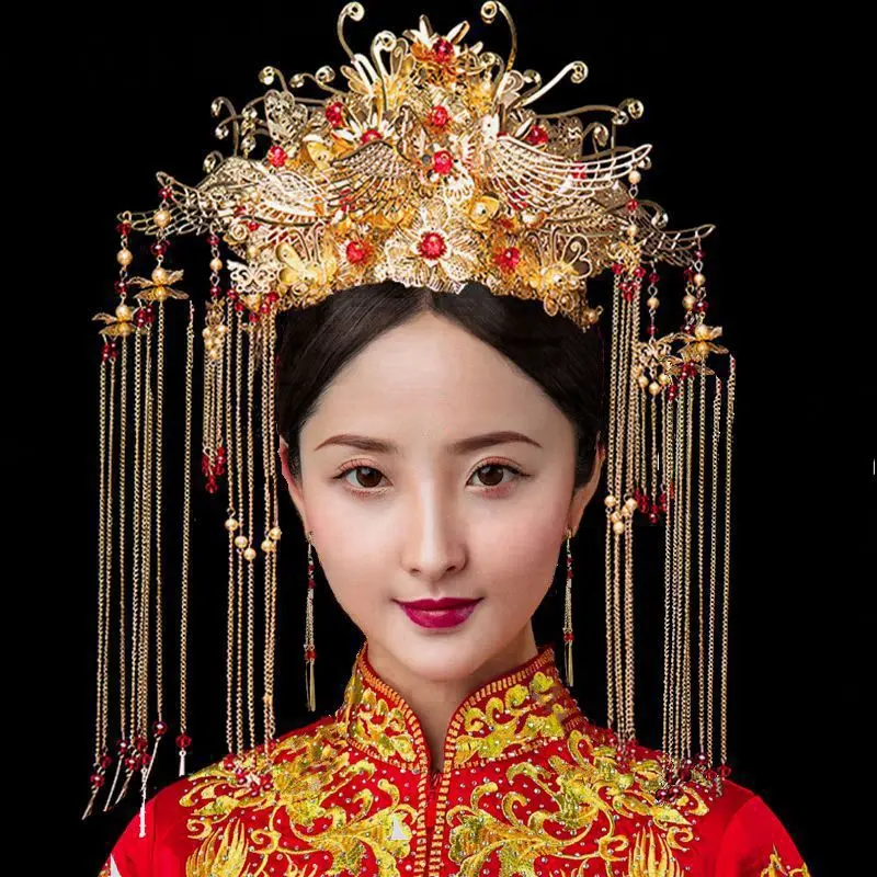 

Beautiful Chinese Retro Court Hat Hair Accessories Bride in Ancient Costume Phoenix Crown Headdress Wedding Xiuhe Clothing