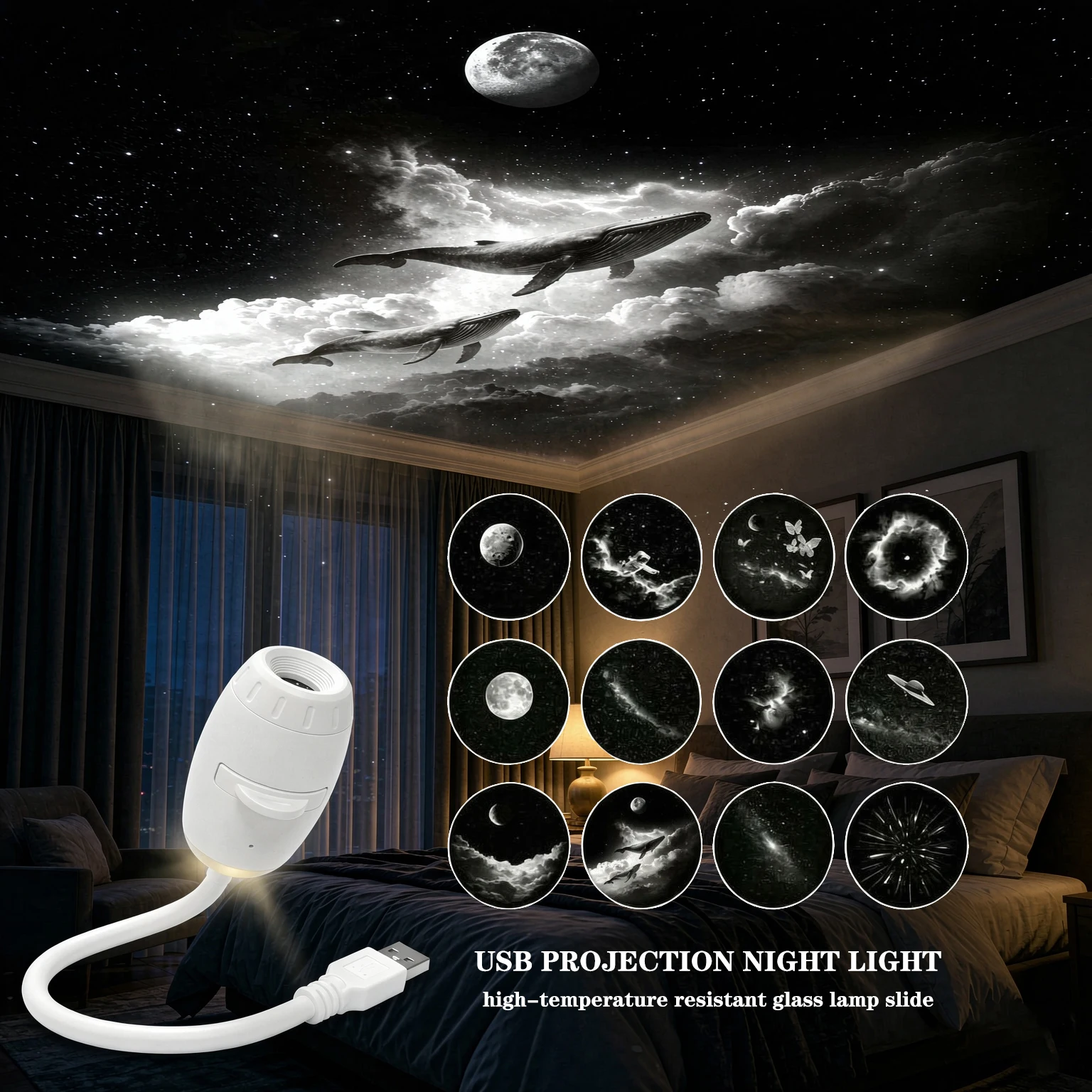 Star Projector Night - โปรเจคเตอร์ดาวจักรวาลขนาดเล็ก โคมไฟกลางคืนลายท้องฟ้าเต็มดาว สำหรับห้องนอนและรถยนต์ ทนความร้อนสูง พร้อมฟังก์ชันสไลด์