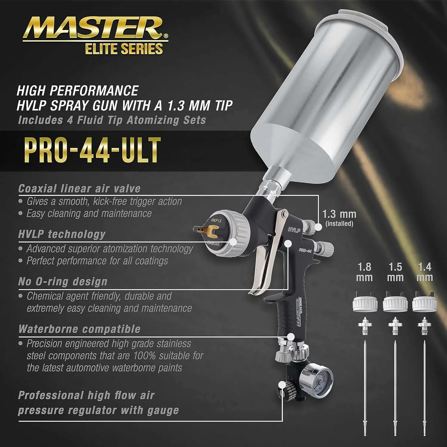 Elite High Performance PRO-44 Series HVLP Spray Gun Ultimate Kit with 4 Fluid Tip Sets 1.3, 1.4, 1.5 and 1.8mm and Air Pressure