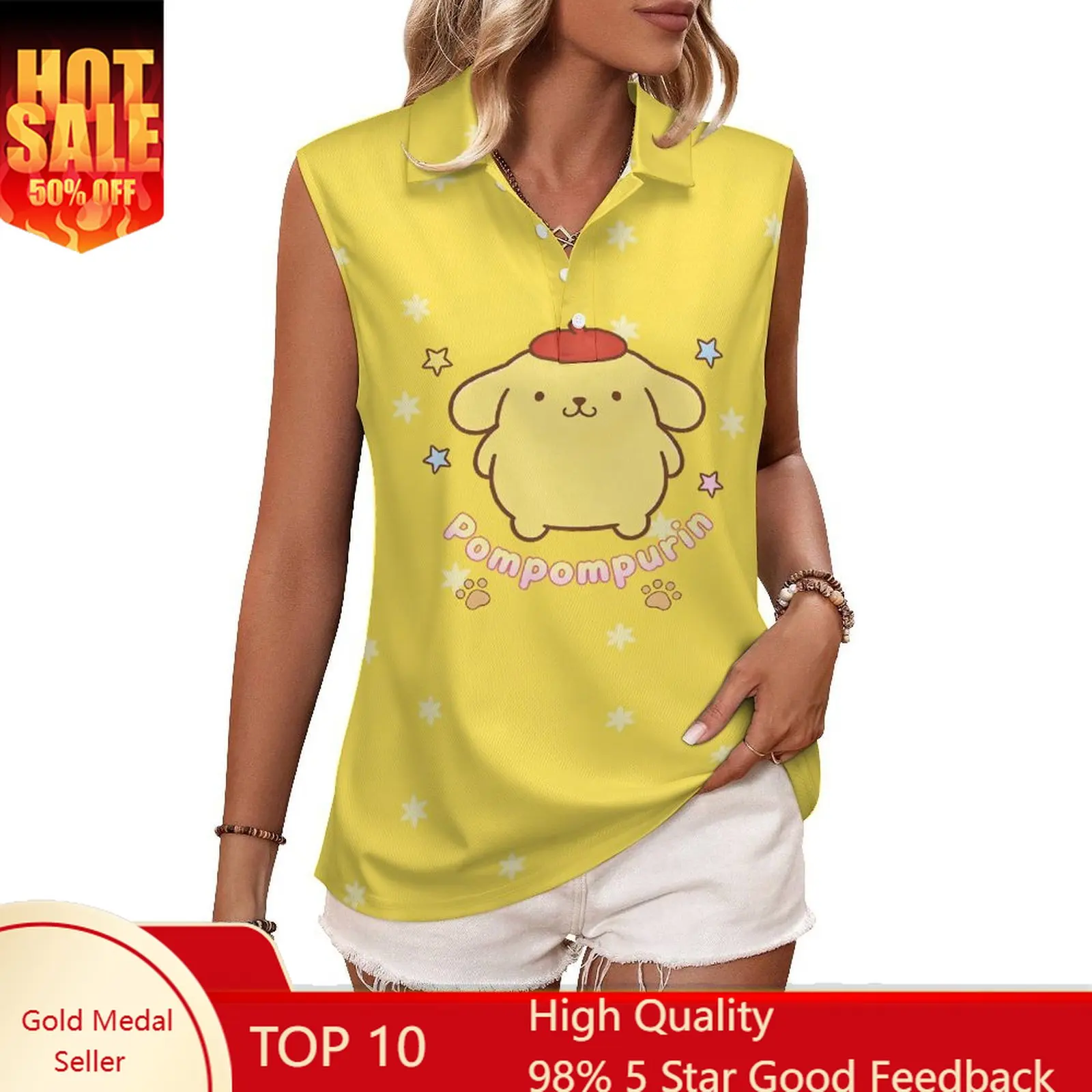 

Pompompurin Tank Top Womans Sanrio Cartoon Sleeveless Polo Shirt Breathable Tshirt Fashion Tops Cute Summer Clothing