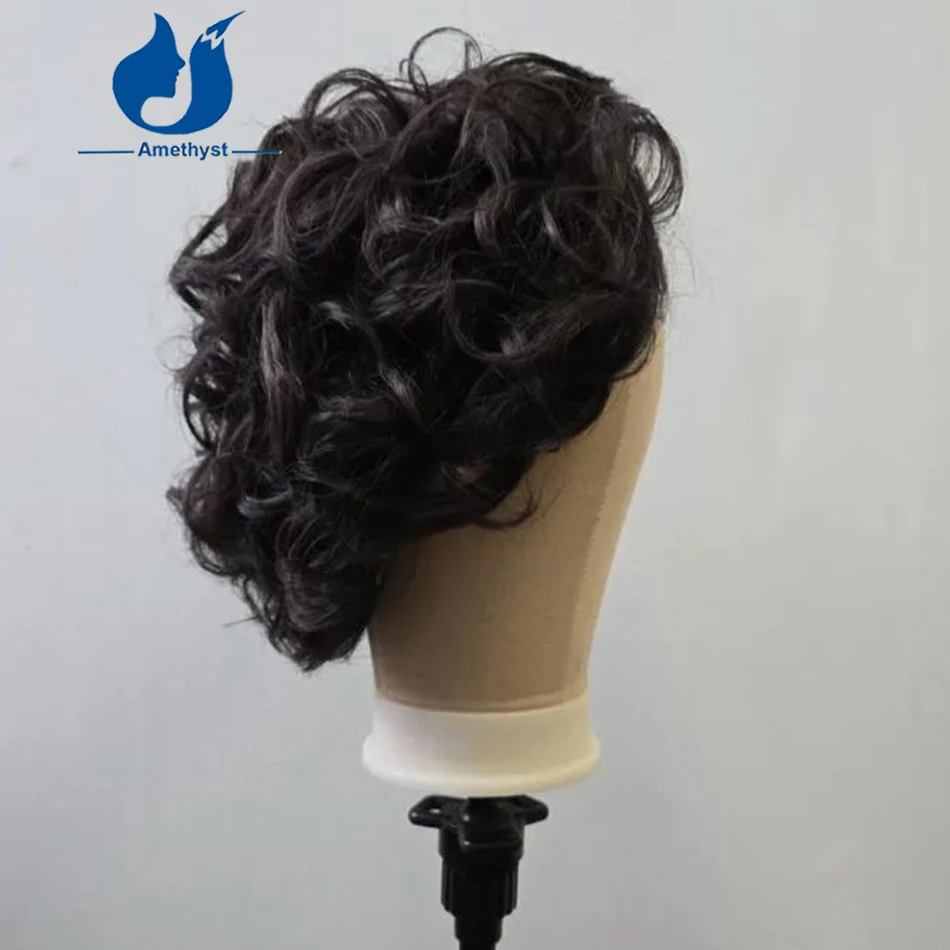 Amethyst Brazilian Remy Natural Curly Human Hair Wig for Men 13x6 Lace Front Wig Short Bob Pixie Cut Pre-Plucked Bleached Knots