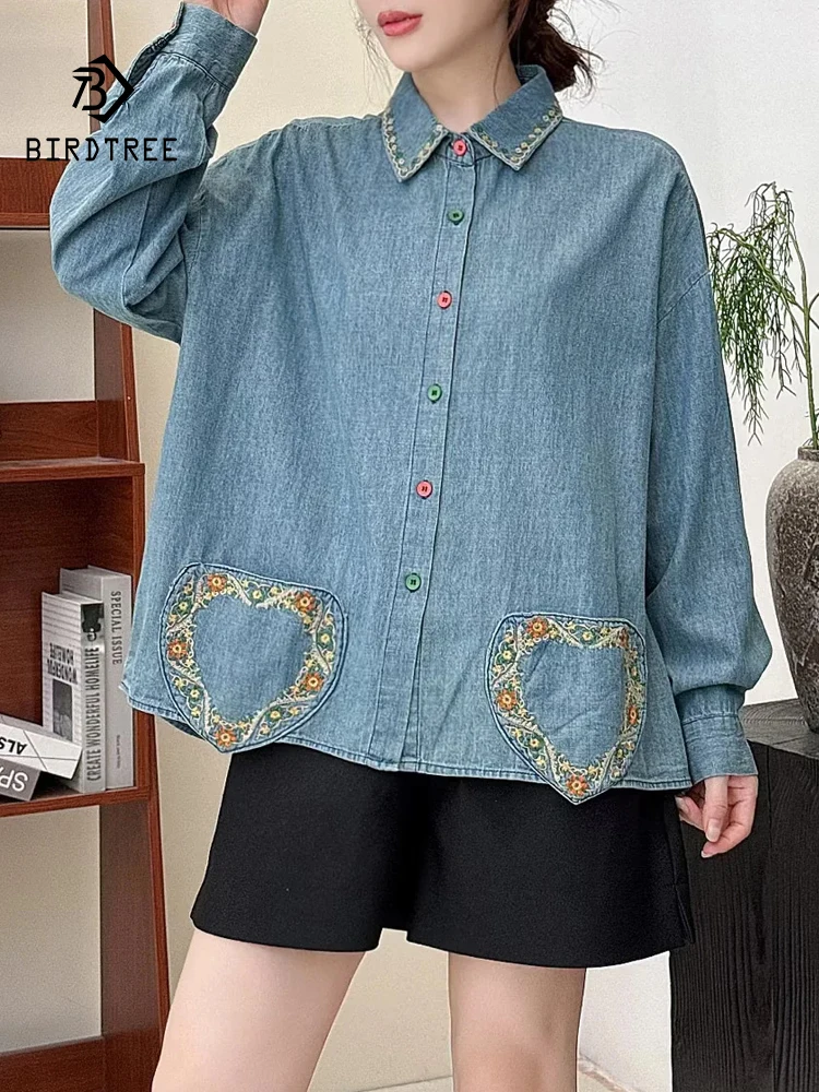 

Новинка 2025, осенняя джинсовая рубашка с длинными рукавами, женская джинсовая рубашка с лацканами и карманами, милая повседневная свободная блузка в стиле ретро Mori Girl T59417CC