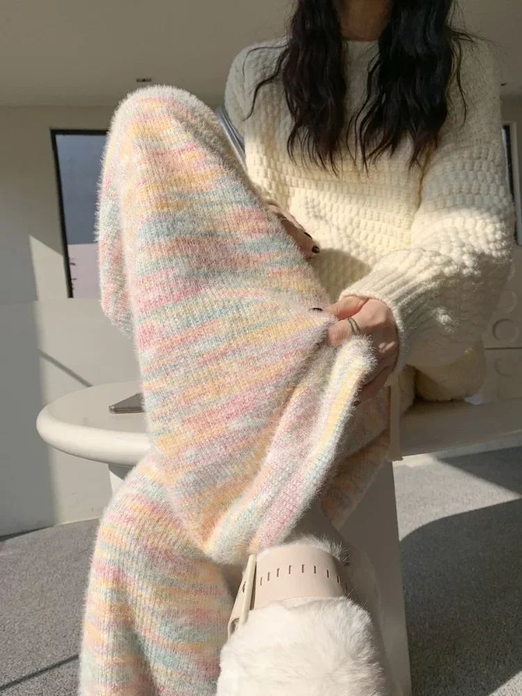 Samt Regenbogen Gestrickte Hosen frauen Herbst Winter Neue Hohe Taille Drapierte Hosen Beiläufige Gerade Breite Bein Jogginghose Weiche Plüsch