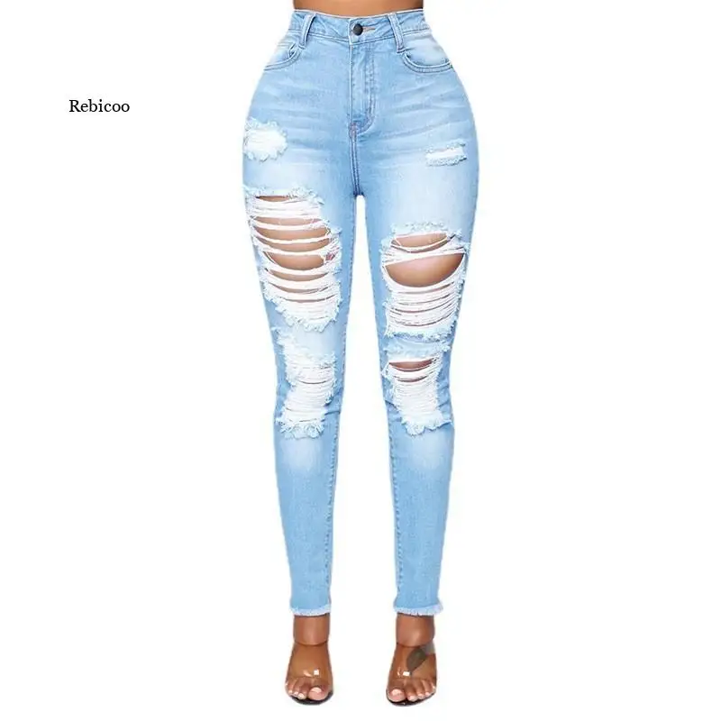 

Sexy Stretch High Waist Hole Ripped Straight Jeans Womens New Casual Streetwear Slim Denim Pants Hollow Skinny Jean Trousers