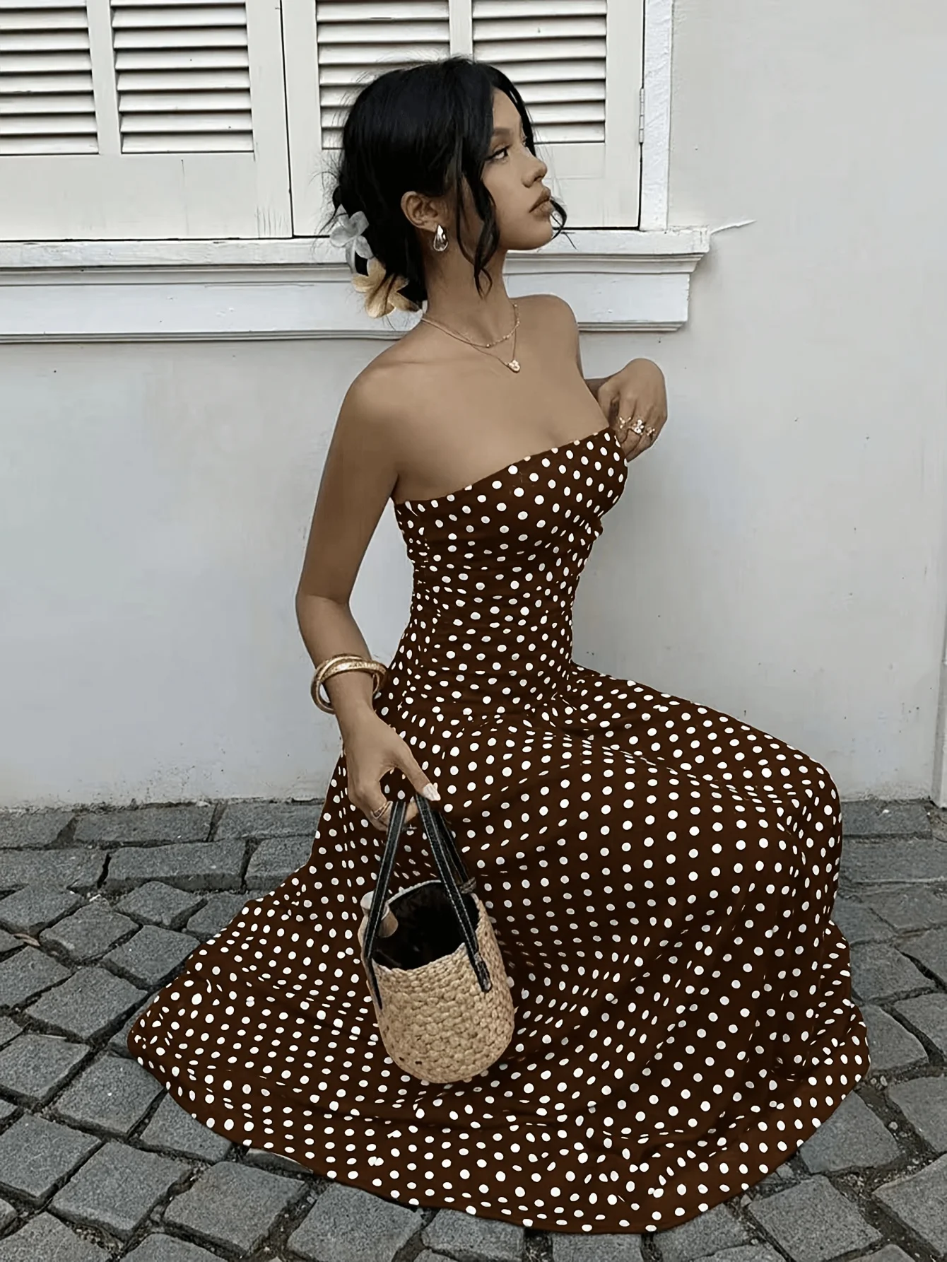 Women's Polka Dot Print Waist-Cinching Vest Dress Vacation Style Long Brown Maxi Skirt Elegant Casual Summer Fashion - Image 5