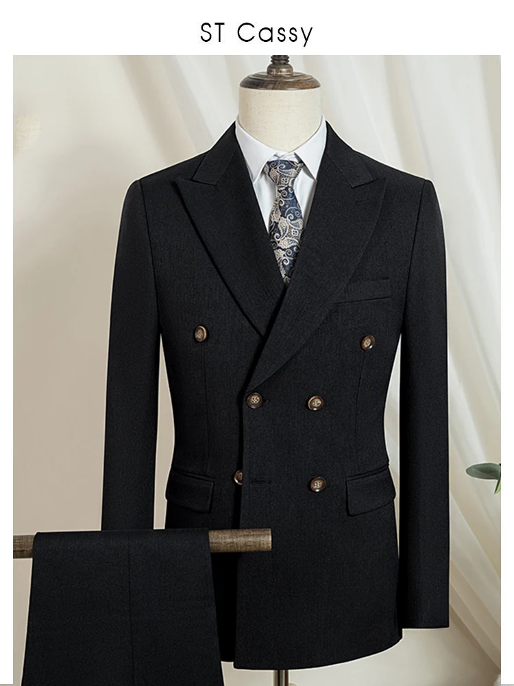 Men Double Breasted Suit 2 Piece Set Slim Fit Black Blazer Jacket Trousers Formal Business Office Wedding Groom Suit
