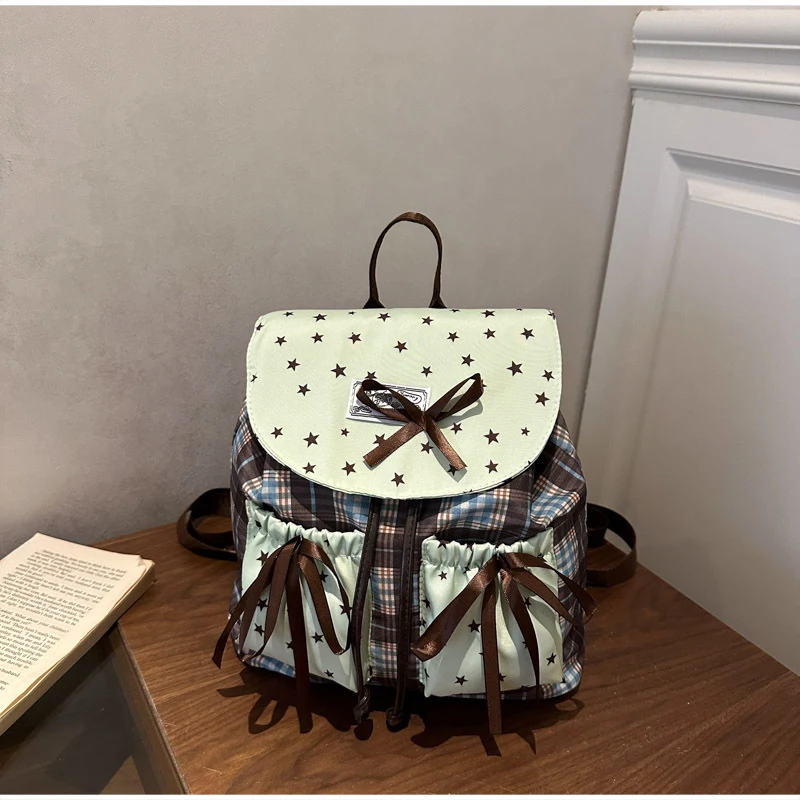 Korean Lace Mint Green Shoulder Bag Sweet Polka Dot Bow Lace Handbag Checkered Canvas Multifunctional Large Capacity Backpack