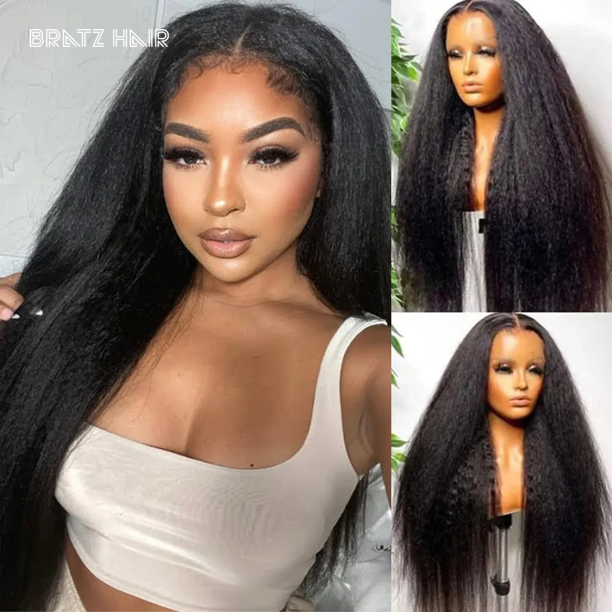 Kinky Straight Lace Front Human Hair Wig, Yaki Straight, 13x6, 13x4 HD Lace Frmetals, 200% Density, Glueless, 4x4 Lace Closure Wig