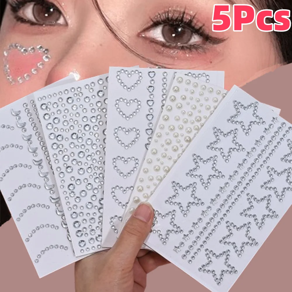 

5Pcs 3D Flatback Rhinestones+Pearls Tattoo Stickers Hollow Star/Love-Heart Diamonds Self Adhesive Decals DIY Body/Eye Decoration