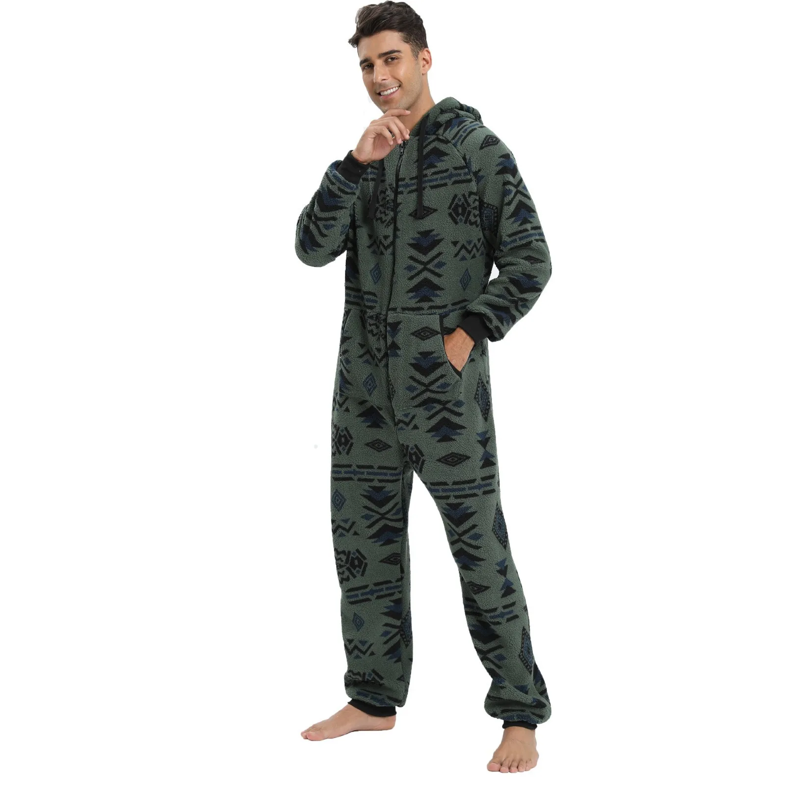 Men Jumpsuit Long Sleeve Pajama Printed Zipper Hooded Jumpsuit Casual Winter Warm Sleepwear Comfortable Male Home Clothing 202