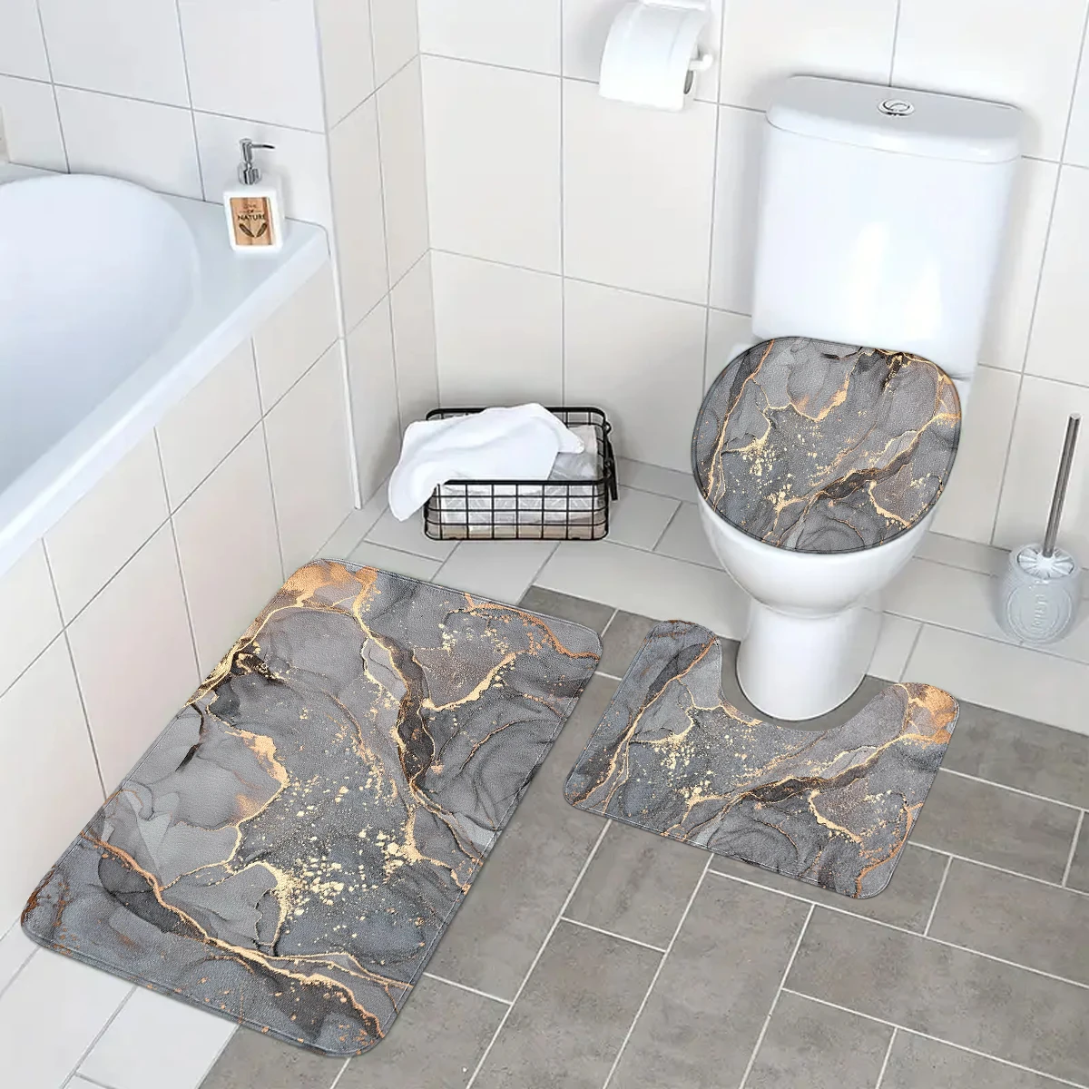 Modern home bathroom decoration toilet three piece set, bathroom anti slip thickened soft carpet floor mat, optional single gaug