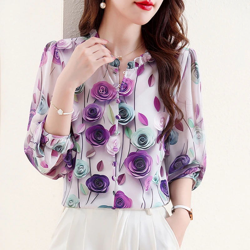 Fashion 3D Rose Printed Chiffon Shirt 2025 Spring Summer Pullovers Blouse Ruffled Collar 3/4 Sleeve Women Tops