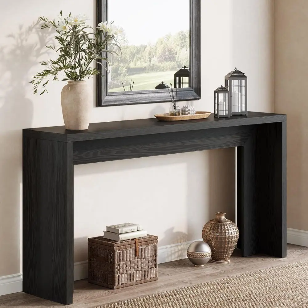

55-Inch Modern Wooden Sofa Side Table with Storage for Entryway, Hallway, or Living Room (Black)