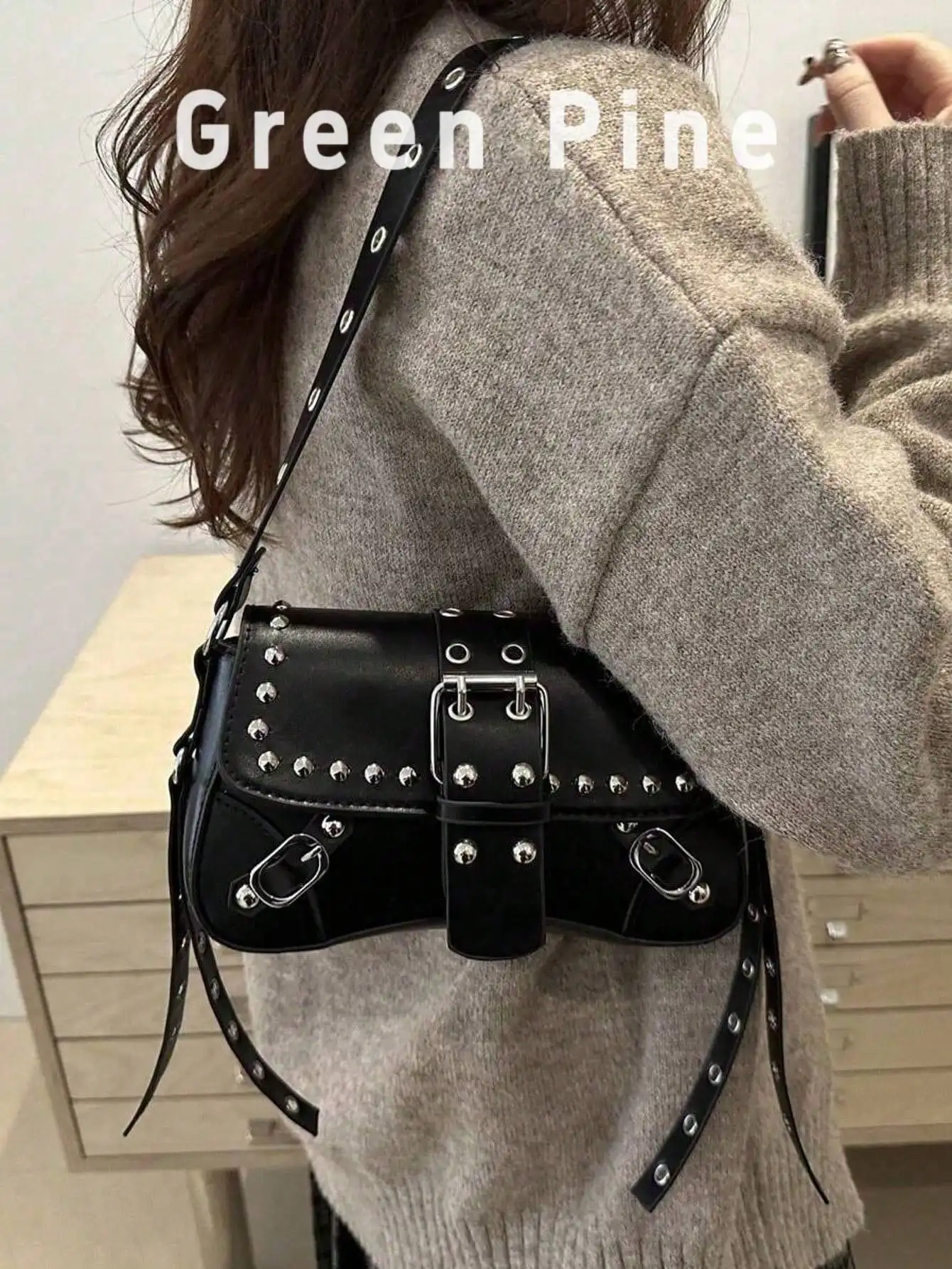

Studded Buckle Crescent Crossbody Bag for Women, Vegan Leather Shoulder Bag