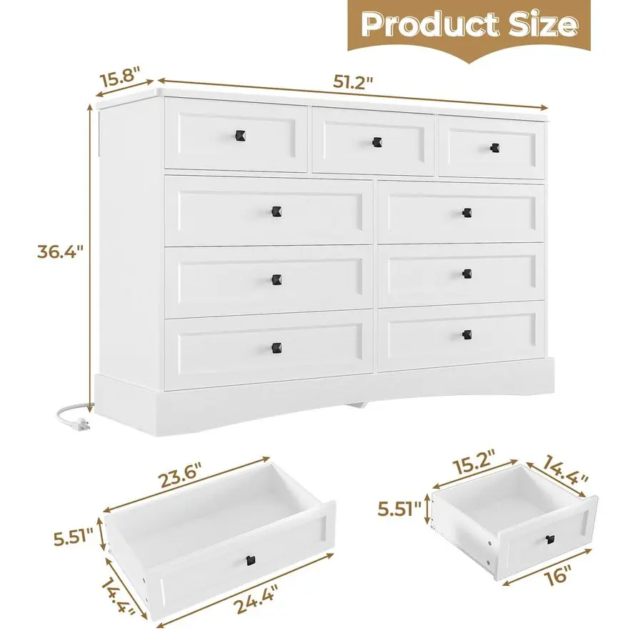 White Dresser for Bedroom with 9 Drawers, 51.2 Large Drawer Dressers with Charging Station, Wide Farmhouse Dressers Chest of Dr