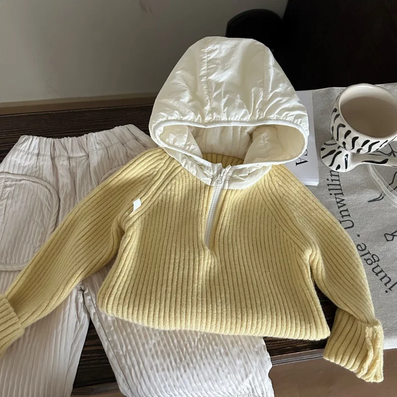 Girls Hooded Knit Sweater Japan Korea Style Kids Top Yellow Hooded Sweater Winter Girls Knitwear Children Casual Knit Top