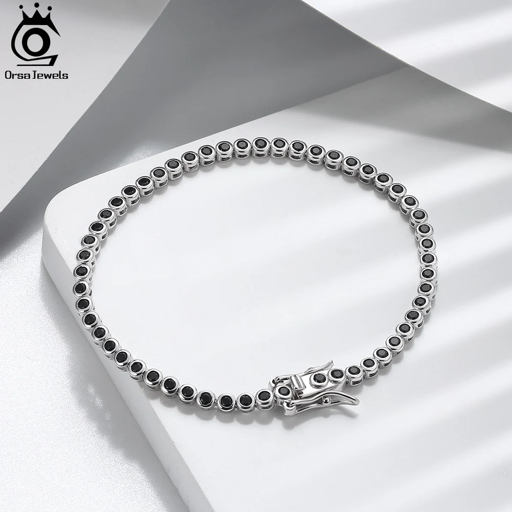 

ORSA JEWELS 2MM Black Tennis Diamond Zircon Bracelets 925 Sterling Silver Daily Hiphop Party Gift for Women Men CZ Bangle SB145