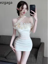 Ezgaga Sexy Dress Woman Sleeveless Flowers Slash Neck Mesh Patchwork Slim Party Mini Dresses Backless Elegant Clubwear Female