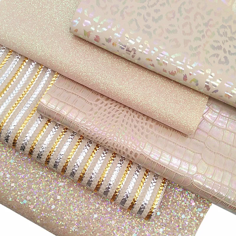 Beige Glitter Leather Sheets Leopard Crocodile Pattern Faux Leather sheets Stripes Custom Faux Leather for DIY 21x29CM Y188