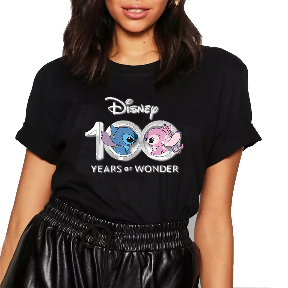 

Stitch T-shirts Disney 100th Anniversary Print Female Clothing Cartoon Summer Top Cotton T Shirt Women's T-shirt Fashion Tops