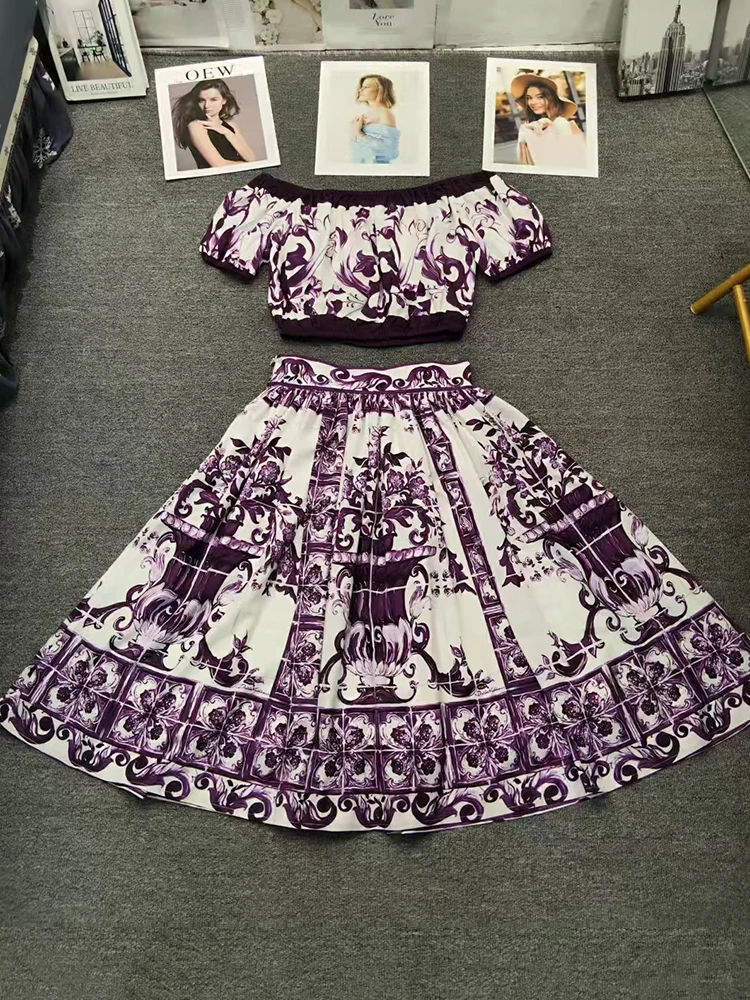 

Retro geometric print sexy one neck short pullover two-piece set for 2025 summer women's clothing+A-line short skirt fashion set
