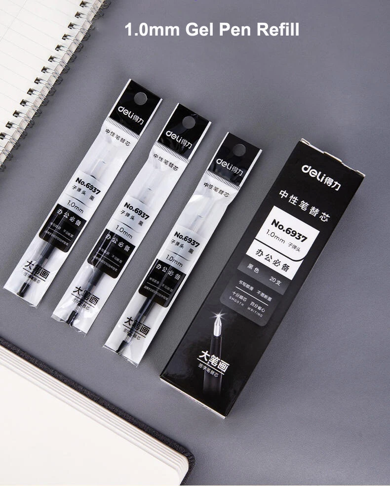 Deli 20 Stück/Set 1,0 mm einziehbare Gelstift-Nachfüllung mit schwarzer Tinte für S107/S126 Gelstiftkern, Schul- und Bürobedarf – Detail 2