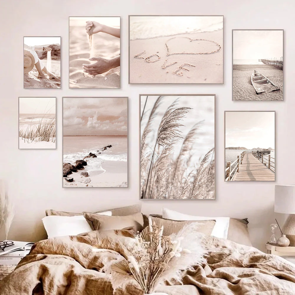 

Sea Beach Landscape Art Prints Boat Bridge Canvas Painting Reed Poster Sand Hands Print Nordic Wall Pictures Living Room Decor